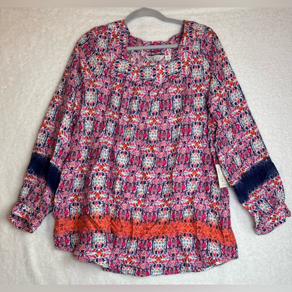 NWT Caffe marrakech long sleeved peasant boho blouse pink abstract floral 1X